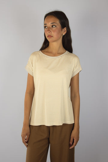 T-shirt a righe bianche e beige M6913R15T39 BEIGE EGG FAMILY 