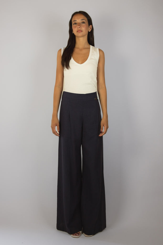 Pantalone lungo in lino blu JP3001T110 BLU EGG FAMILY 