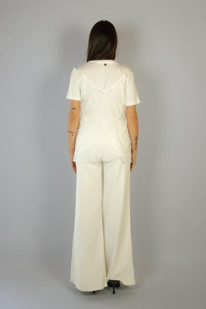 T-shirt bianca con top in pizzo e scritta SH000995 LATTE/BURRO EGG FAMILY 